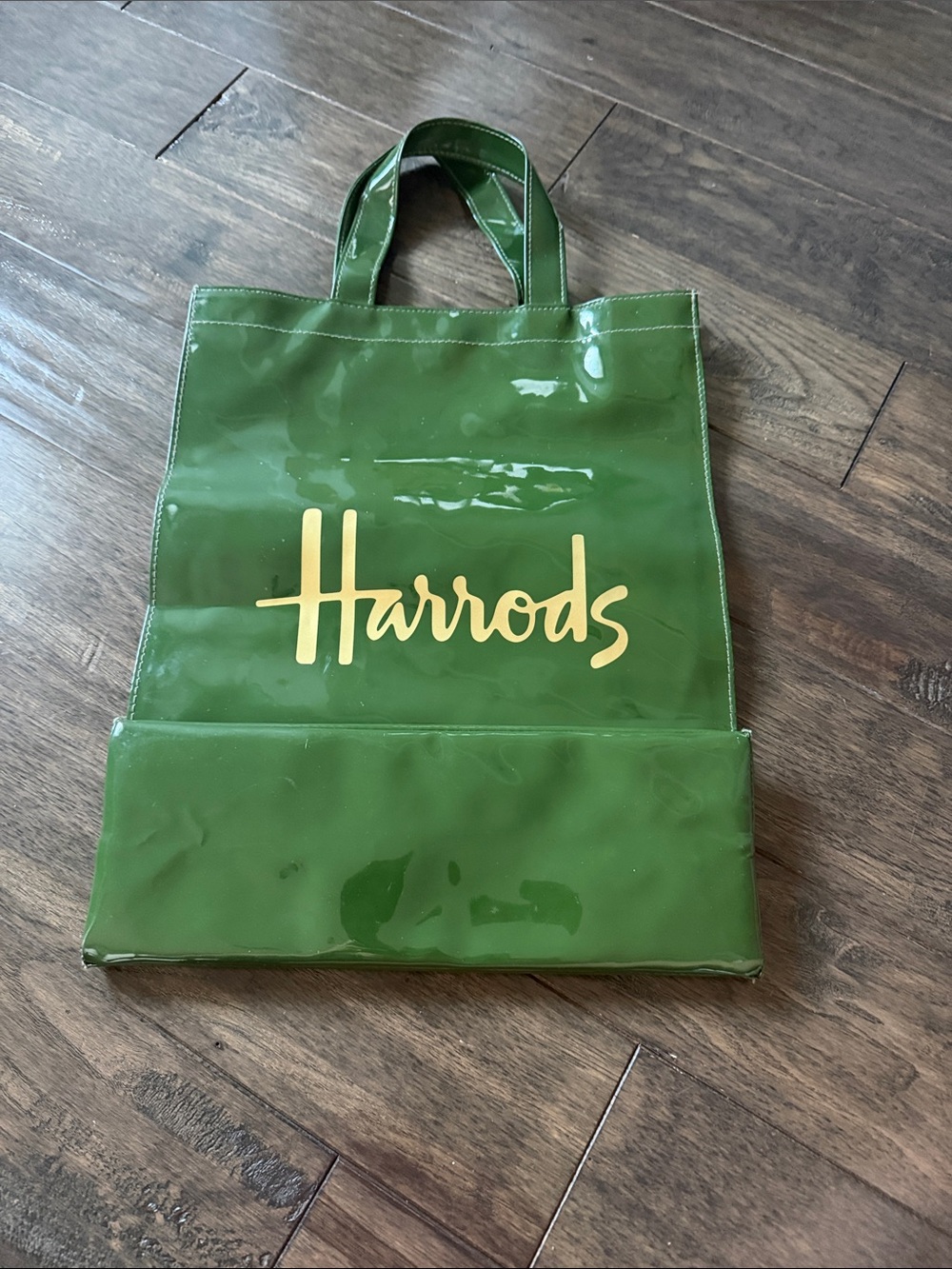 Harrods Green Glossy Tote with Gold Script